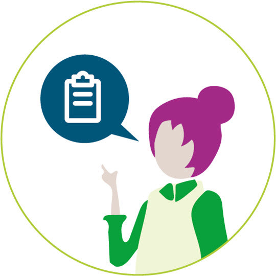 A woman holding a clipboard, with a speech bubble above her, indicating she is sharing information or giving instructions.