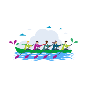 a graphic of people working together to row a boat