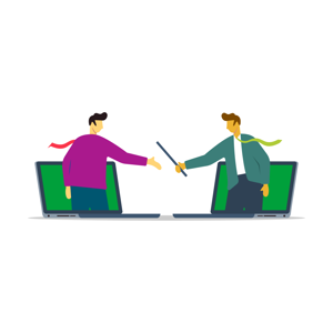 graphic of  two people peeking out of laptop screens passing each other a baton