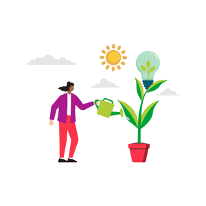 graphic of a woman watering a plant with a light bulb on top